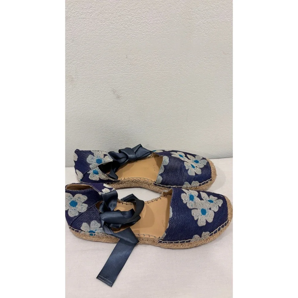 Marc Fisher Valicia2 Floral‎ Espadrille Flats Blue White Ribbon Tie Ankle 8.5M